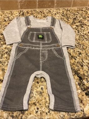 John Deere Gray Faux-Overall Baby Romper with Logo